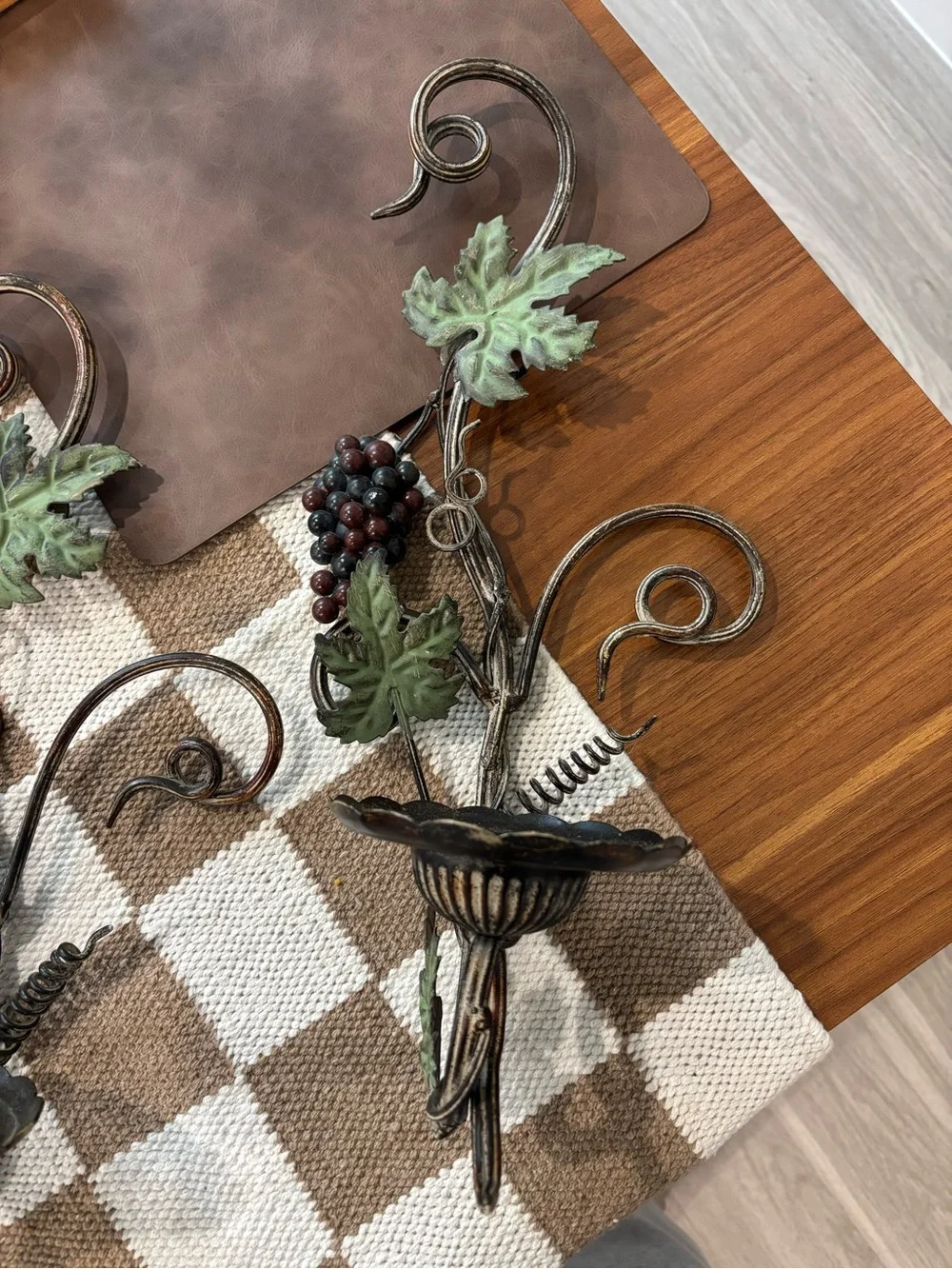 Pair of Vintage Italian Grapevine Wall Sconces - Rustic Bronze and Green